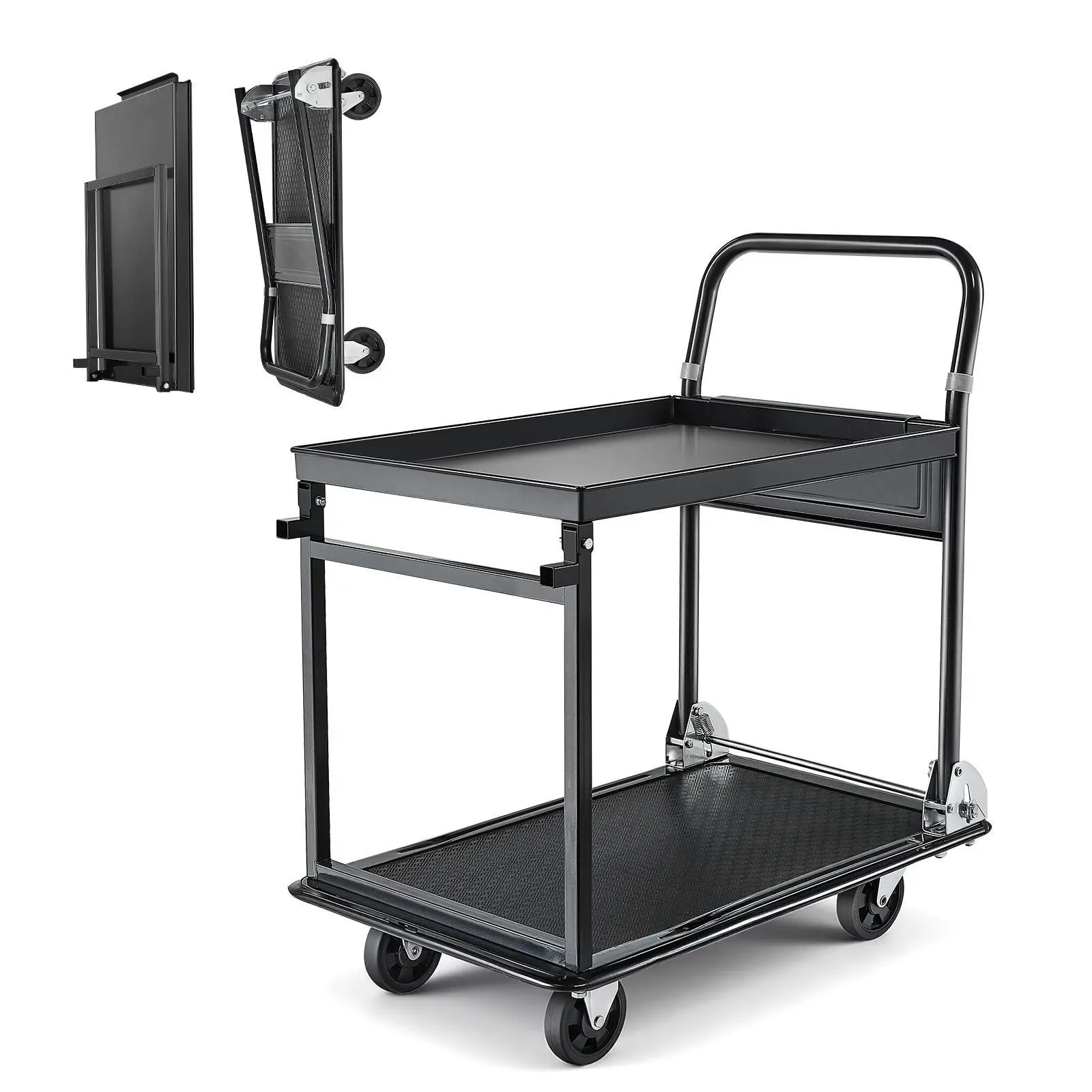 【SummerFinds】VEVOR Multifunctional Folding Cart - Heavy-Duty Steel 2-Tier Mobile Folding Trolley, Metal Rolling Cart on Wheels with 4-inch PP Wheels, 28.7x18.5x32.3 in, 100 lbs Top Shelf/600 lbs Bottom Capacity, for Garage, Warehouses