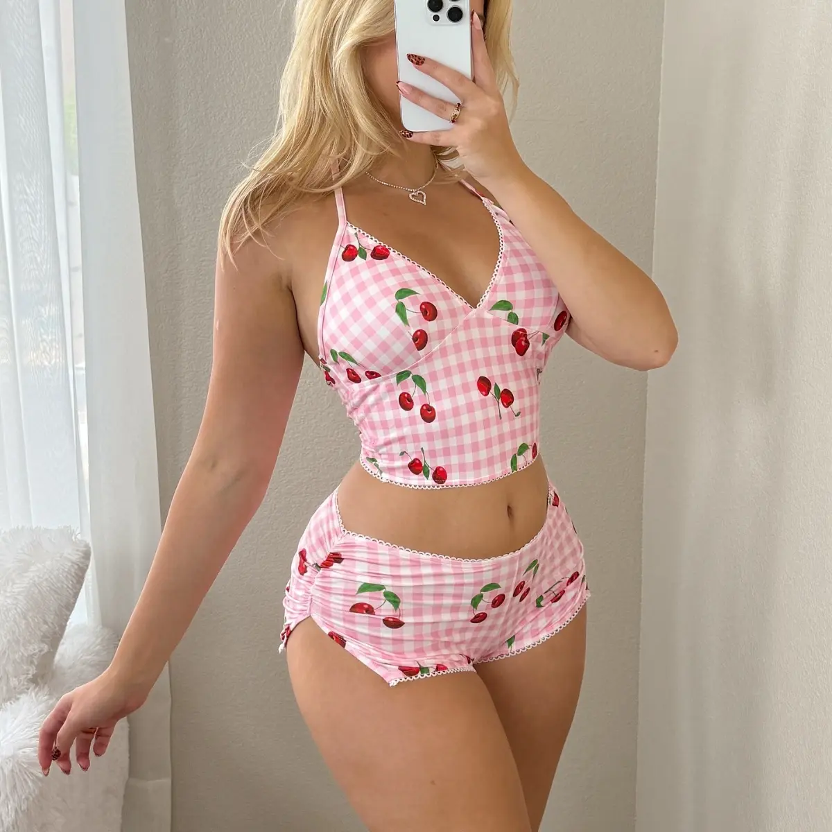 Women's Pajama Set, 2-Piece Plaid Cherry Print Loungewear with Adjustable Strap Cami and Side Ruched Split Shorts, Nightwear, Cami Style Loungewear Sets, Fashion Apparel, Polyester