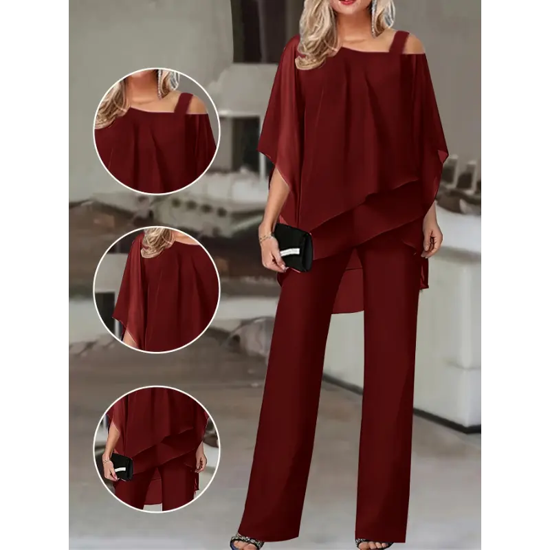 Women's 2-Piece Elegant Business Professional Attire Polyester Outfit Set, Solid Woven Fabric Spring Summer Style, featuring Cold Shoulder Irregular Hem Top & Asymmetrical Trousers, Machine Washable.