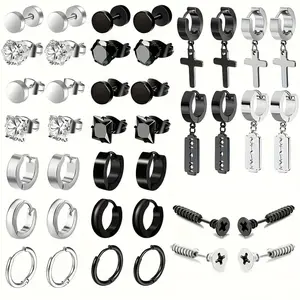 20Pcs Black Stud Earring Set, Stainless Steel Synthetic Zircon Earrings, Cross Pendant Hoop Earrings, Hip Hop Punk Versatile Jewelry for Daily Party Occasion