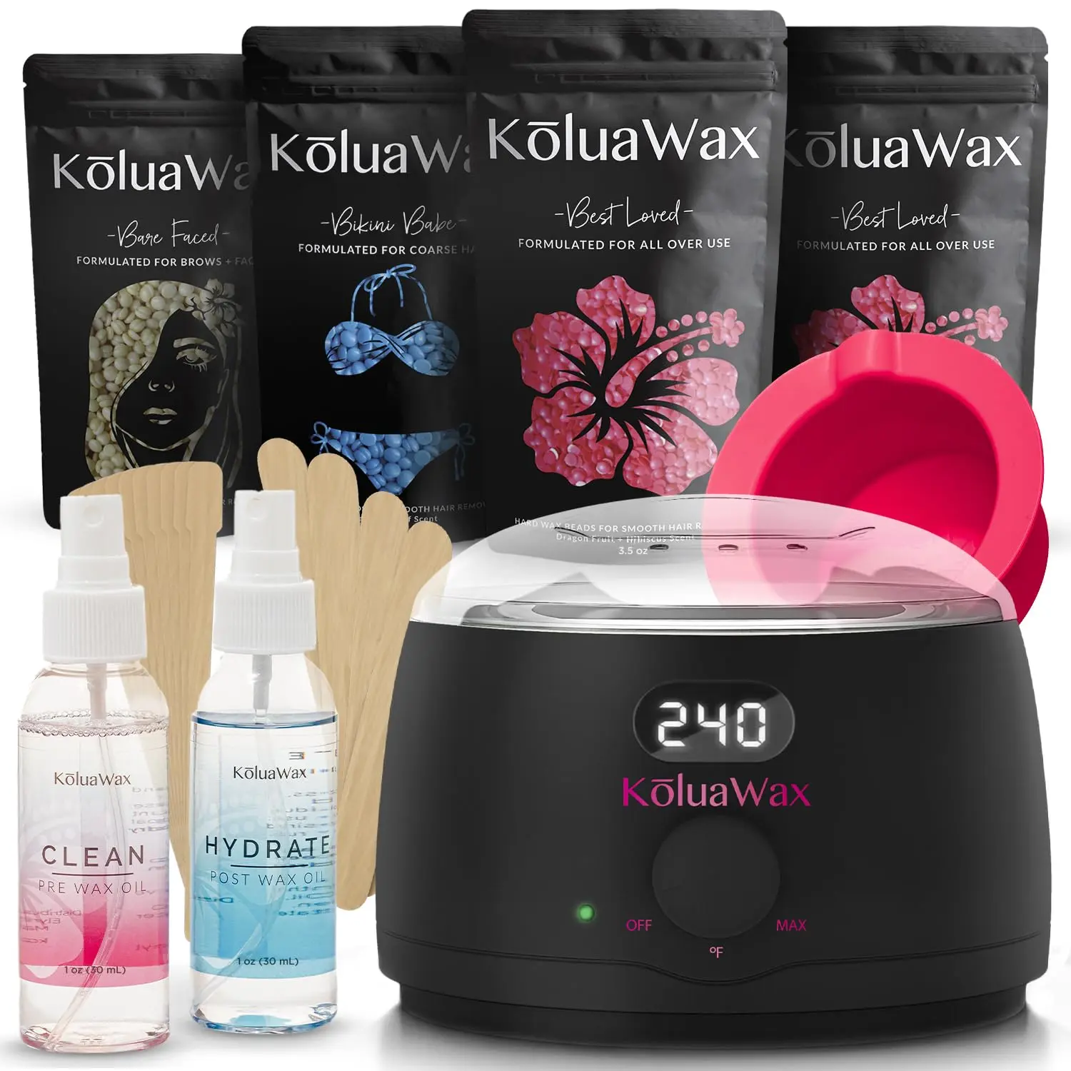 Koluawax Premium Waxing Kit for Women - Hot Melt Wax Warmer for Hair Removal, Eyebrow, Bikini, Legs, Face, Brazilian Wax & More - Machine + 4-Pack Hard Wax Beads + Accessories, Black KoluaWax