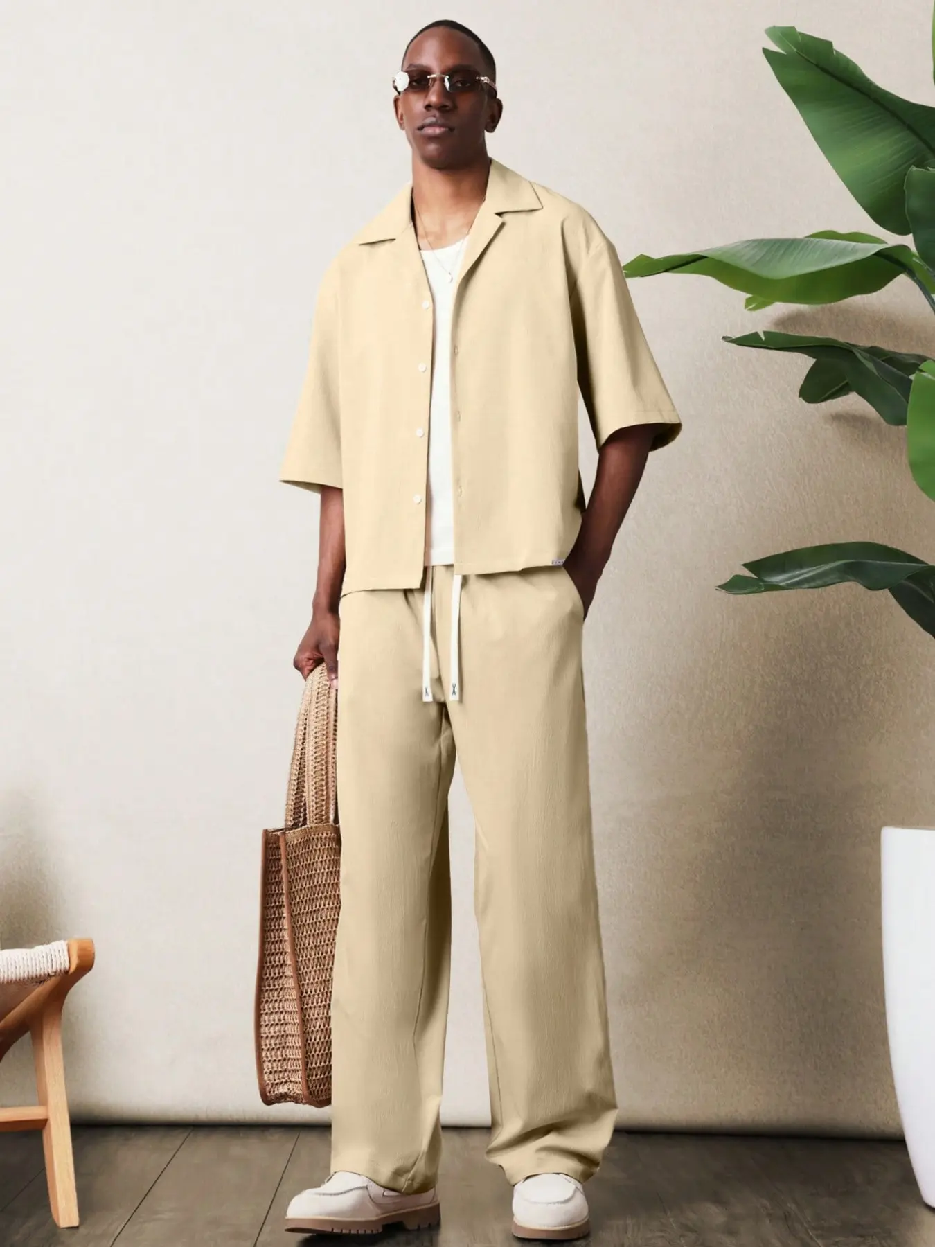 Men's Vacation Solid Color Casual Woven Shirt and Long Loose Pants Set, Comfortable Daily Wear, Perfect for Travel and Relaxation, Suits