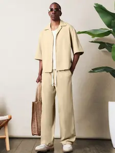 Men's Vacation Solid Color Casual Woven Shirt and Long Loose Pants Set, Comfortable Daily Wear, Perfect for Travel and Relaxation, Suits