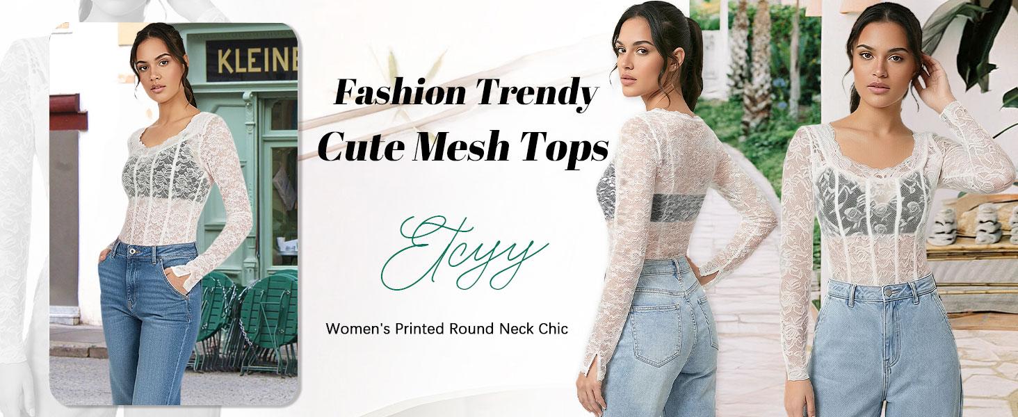 ETCYY Women's Mesh Top | Sexy Lace Long Sleeve Shirt Crewneck Slim Fitted See Through Blouse,Sheer Lace Crew Neck Blouse,Floral Sheer Mesh Top
