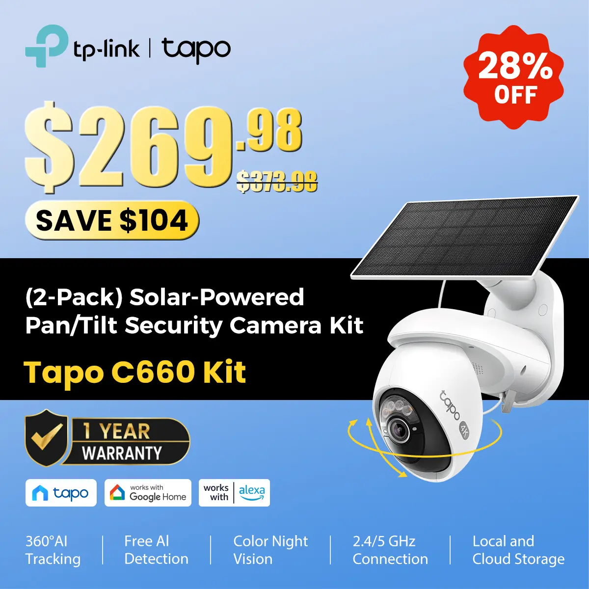 TP-Link & Tapo C660 Kit(2-Pack) 4K Ultra HD Outdoor Pan/Tilt Security Camera with Solar Panel,VistaCam 360° Pan, 24/7 Time-Lapse Capture, Free Person/Vehicle Detection, SD/Cloud Storage, Works with Alexa & Google Home