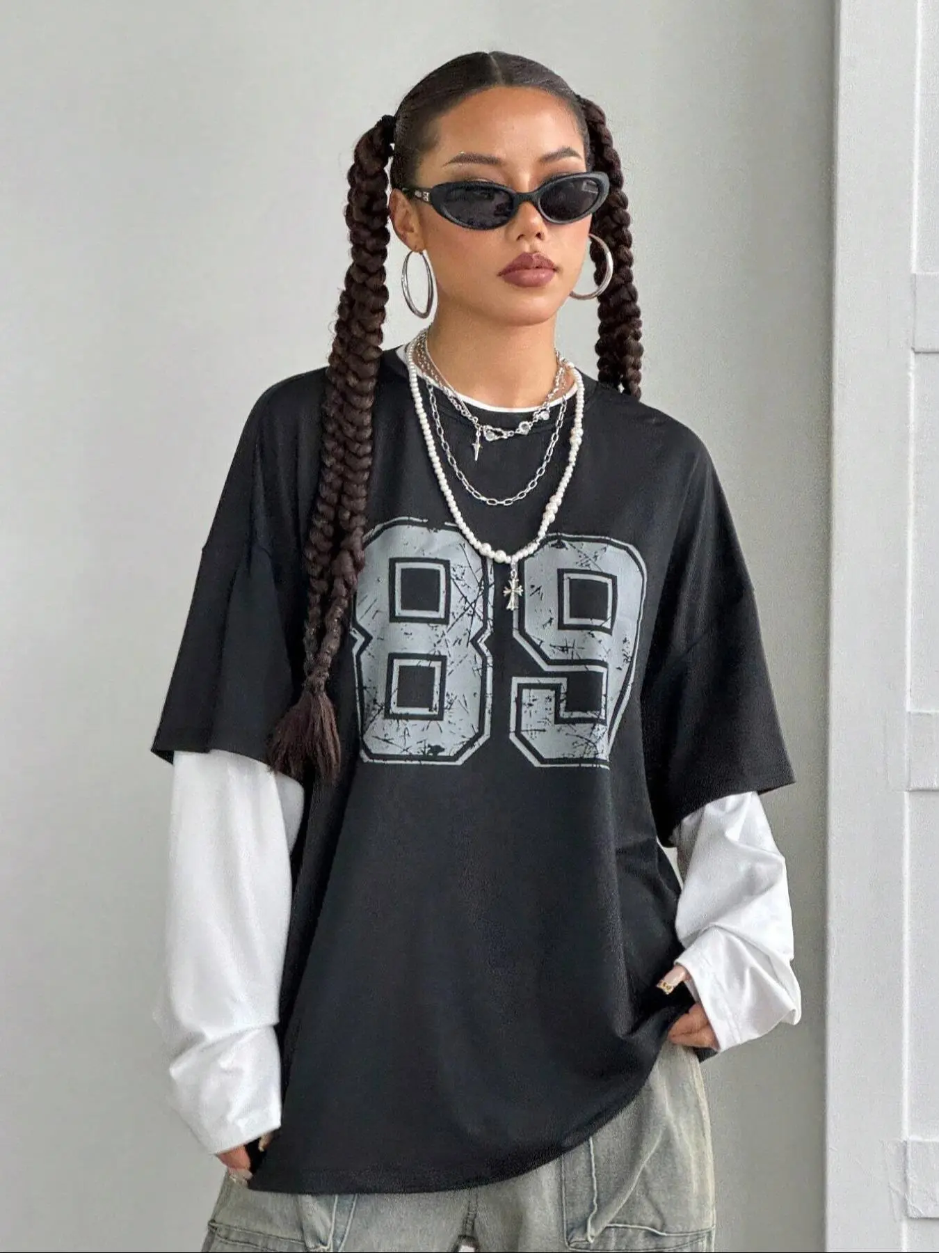 Women's Number Print Patchwork Long Sleeves Tee, Casual Colorblock Round Neck T-shirt for Spring & Fall, Women's Top for Daily Wear, Womenswear Streetwear
