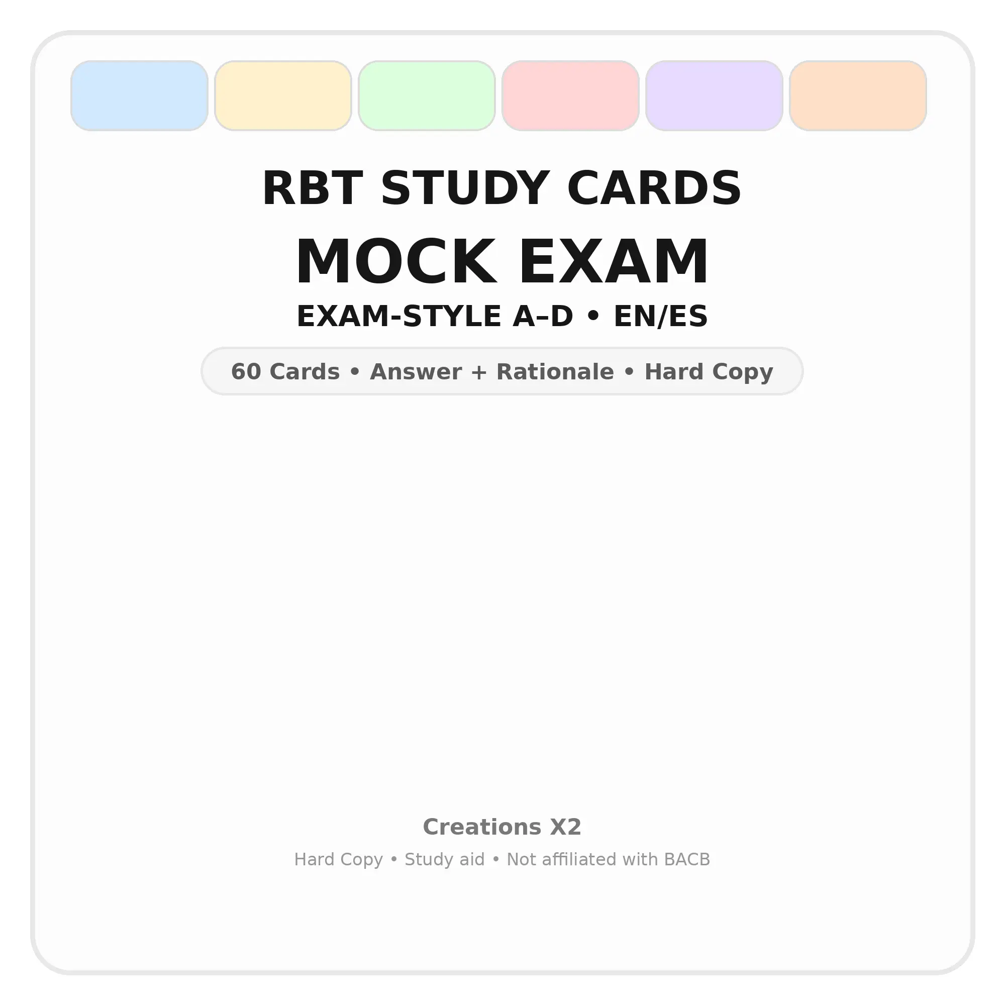 RBT Mock Exam Flashcards (Hard Copy) – Bilingual EN/ES – Exam-Style A–D + Rationales (60)