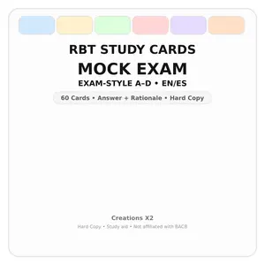 RBT Mock Exam Flashcards (Hard Copy) – Bilingual EN/ES – Exam-Style A–D + Rationales (60)