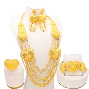Gold Plated Love Heart Necklace Bracelet Earring Ring Jewelry Set For Dubai Women's Wedding Accessories