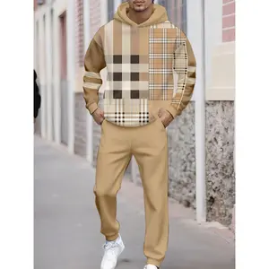 Two-Piece Set Geometric Plaid Hoodie & Sweatpants for Men Comfortable Loose Fit Casual Daily Wear Sports Outings Mixed Color Menswear Outfit Overall Traditional Checked Long Sleeve