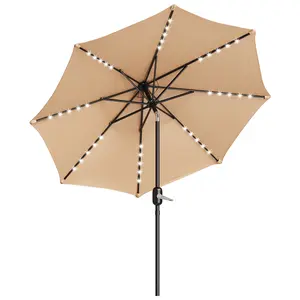 10FT Patio Umbrella with 40 Solar LED Lights – Waterproof UV-Resistant Outdoor Table Parasol – Tilt Crank, 8 Sturdy Ribs, Iron Pole for Backyard, Deck, Garden, Pool, Dining – Durable Polyester Canopy