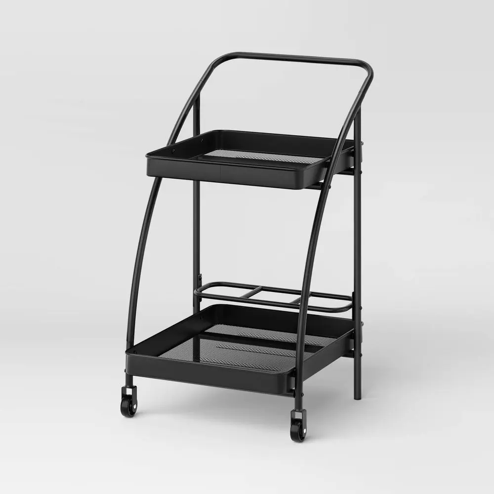 Black Steel Metal Mesh Rolling Bar Cart with Wheels, 2 Rectangular Shelves, 50lb Capacity - Outdoor Serving Cart - Room Essentials