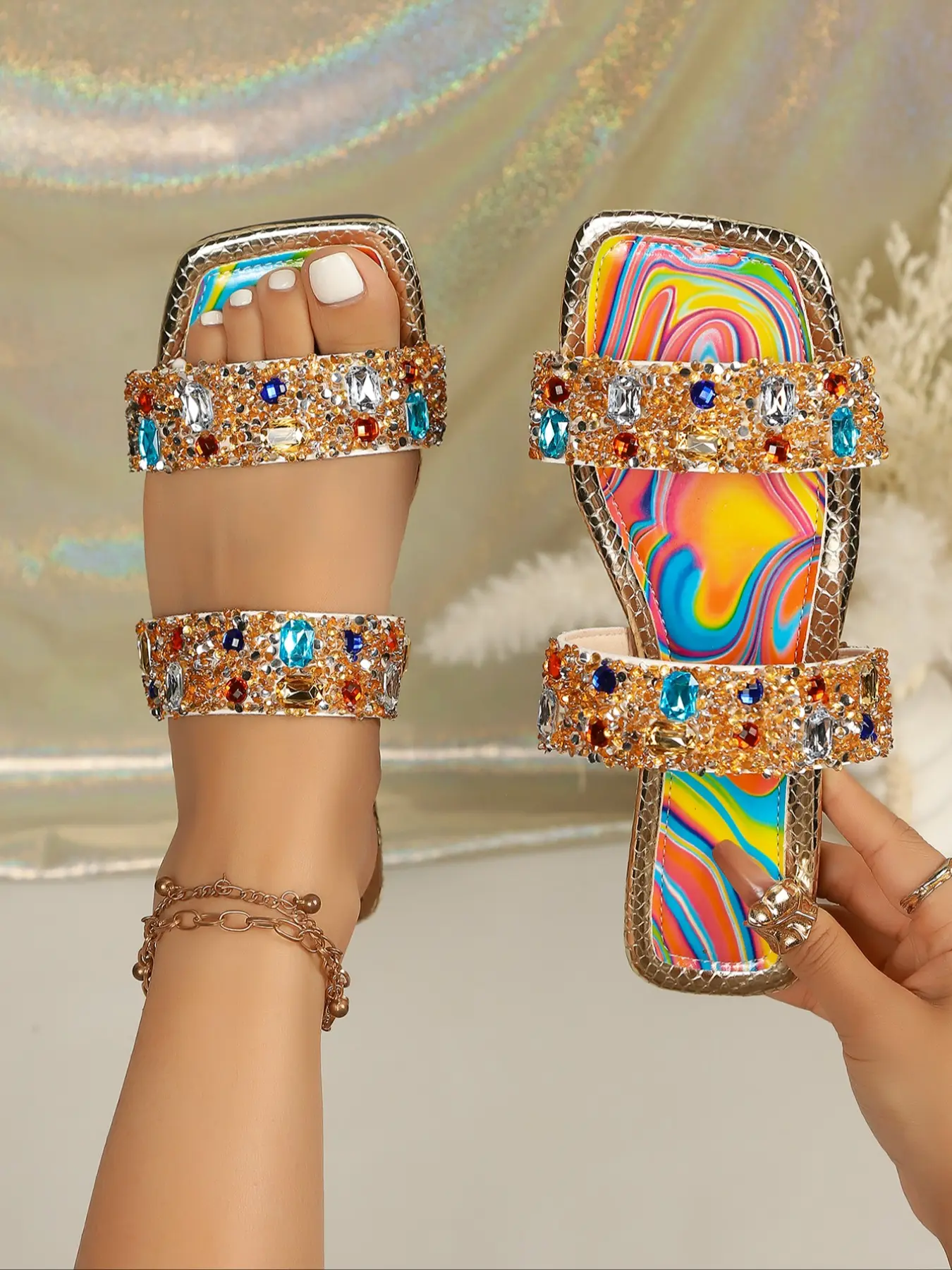 Women's 2026 Summer Vacation Essential Multi-Color Rhinestone Two-Strap Square Toe Slide Glitter Sandals, Chic Summer Footwear, Elegant Open Toe Slip-On Footwear for Parties, Festivals & Casual Summer Days