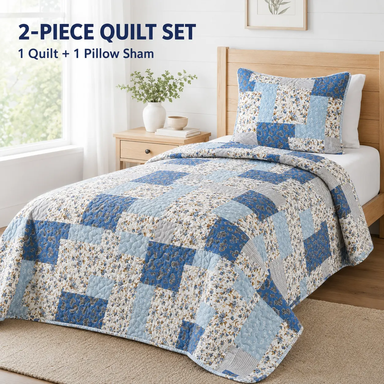 Blue Floral Patchwork Quilt Set, 2-Piece Twin Size Lightweight Quilted Bedspread with 1 Pillow Sham, Cottage Farmhouse Coverlet, 66 x 90 Inch