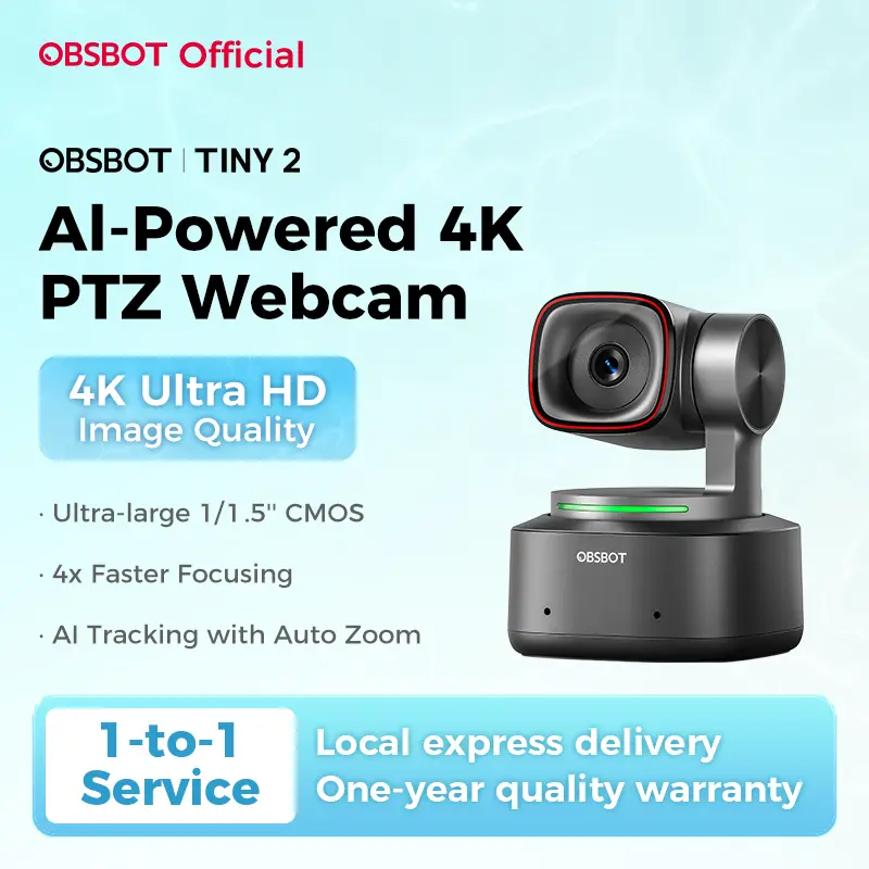 OBSBOT Tiny 2 - 4K PTZ Webcam, Voice Control, AI Tracking Multi-mode & Auto Focus, Web Camera with 1/1.5" Sensor, Gesture Control, 60 FPS, HDR Light Correction, Webcam for PC, Streaming, Conference wyze wirelesscamera videogames