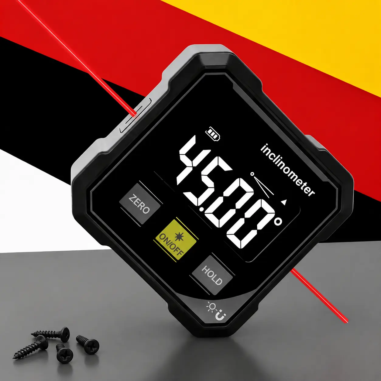 Innovative magnetic digital angle detectorwith dual laser indication and 360° functionMagnetic accessories for refillable templatesand rules, suitable for carpentry,construction, mechanical blacksmithing, andphysical measuring instruments