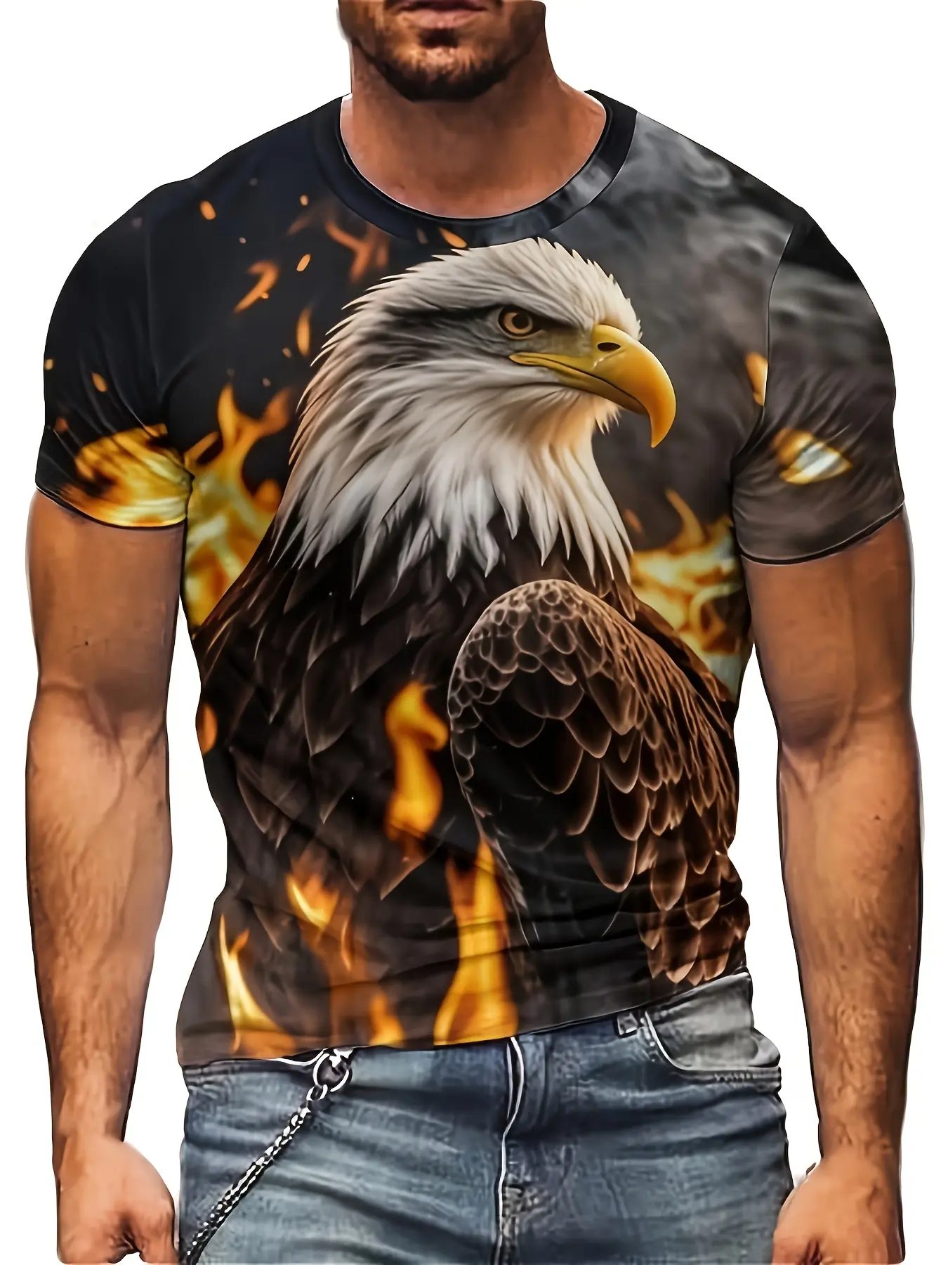 Men's 3D Bald Eagle Print T-Shirt - Loose Fit Short Sleeve Crewneck with Fiery Eagle Design, Comfortable Polyester Shirt Suitable for Summer Outdoor Wear, Casual & Everyday Use, Hand Washable Digital Direct Print Top