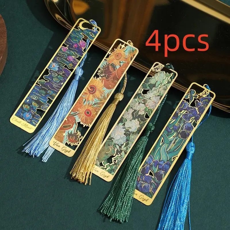 Vintage Flower Design Metal Bookmarks, 4counts Tassel Decor Bookmarks, Book Accessories for Home & School & Office, Gift, Vintage Floral Motif, Bookmark Tassels