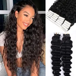 Lucile 20PCS/50g Pack Deep Wave Tape Human Hair Extensions Natural Color Hair Extension for Women - Real Human Skin Weft Tape in Hair Extensions 18-24 Inch