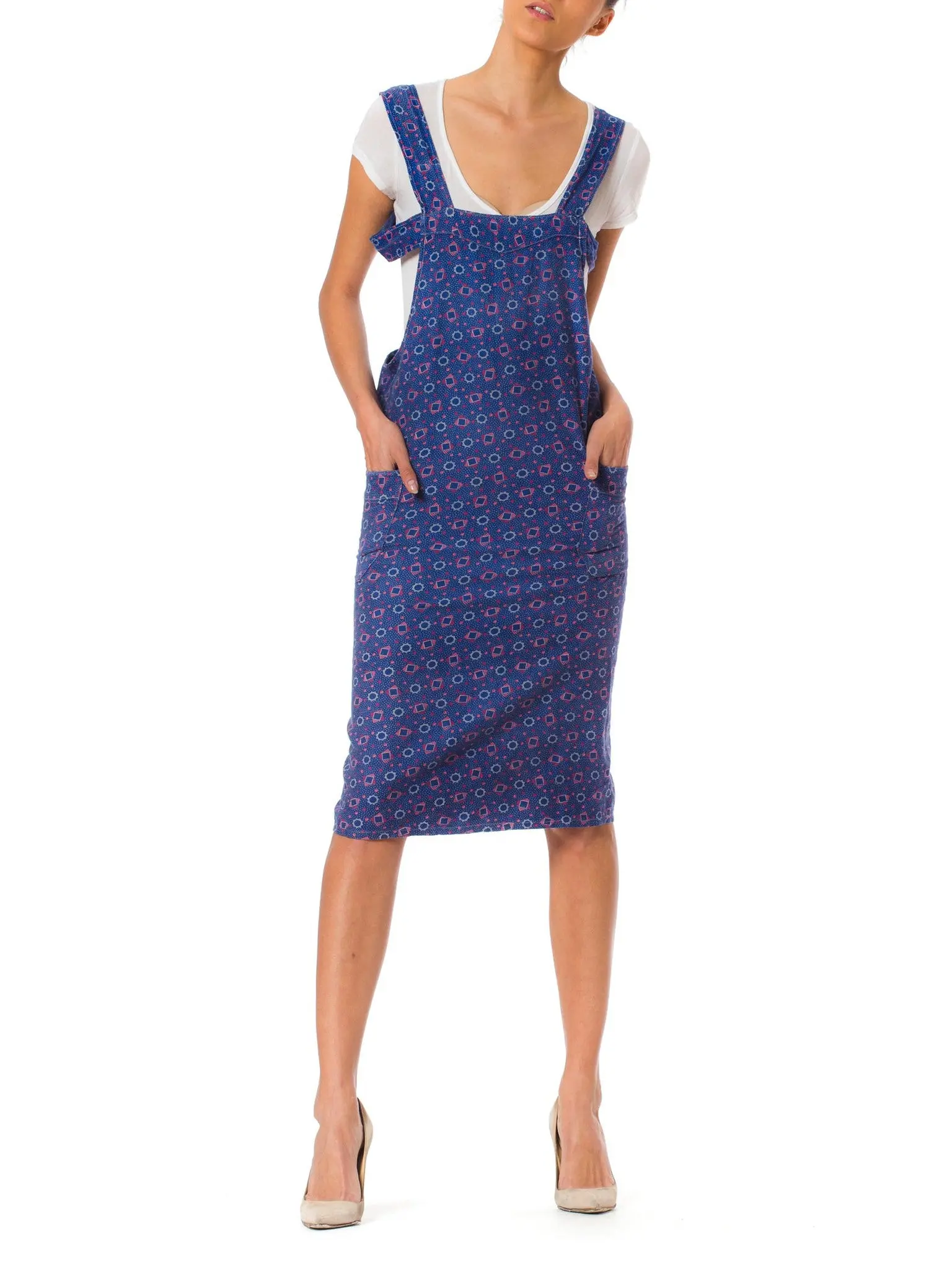 1920S Blue & Red Cotton Workwear Geo Printed Apron Dress
