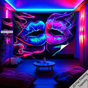 2D Flat - 2D Flat - A 2D Printed Tapestry Featuring a Pair of Lips Kissing, Perfect As a Festive Gift, Party Decoration, Or Home Decor, Comes with Free Installation Additions (The Image Shows Effects in Both Fluorescent And Natural Light)