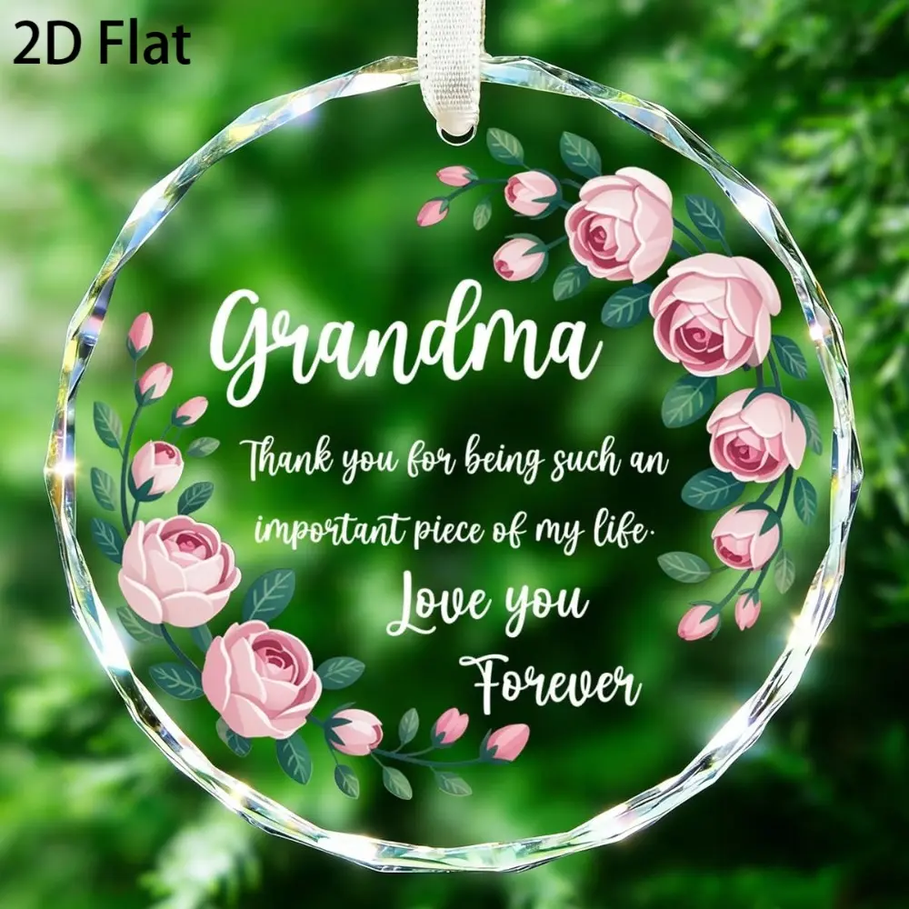 "Grandma Love You Forever" 2D Flat Glass Hanging Ornament - Prismatic Cut, Pink Rose Wreath & Eucalyptus, Holiday Decorative Flower Ornaments, Sentimental Gift for Grandma, Joke Package Outdoor yd Pathway Decor, Decoration, Home Ornament