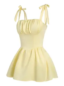Women's Fashion Summer New Bow Shoulder Strap Solid Color Tight Fit Bra Style Short Mini Dress, Sexy Slim-Fitting Casual Wear Womenswear