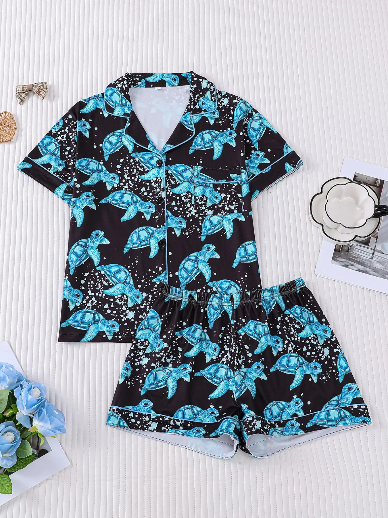 Women's Turtle Print Sleepwear Pajamas Set, Short Sleeve Top and Shorts, Comfortable Soft Skin-Friendly Breathable Elastic Waist, All Seasons Casual Home Wear Womenswear