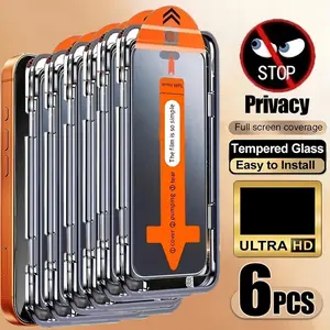 6 pcs Oleophobic Coating Dust Free Privacy Protective Screen Protector Accessories For iPhone 17 Pro Max/Air/16/17e/16e/15/14/13/12/11/Pro Max/Plus/X/XS/XS MAX/XR Series, 9H Hardness, Anti-Spy, Anti Peeping Tempered Glass, Fast & Easy Installation