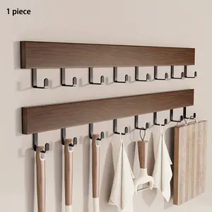 Kitchen Utensil Hooks No Drilling Multi-Functional Storage Rack, Pot Spatula Spoon Hanging Rod, Walnut Wood Style Organizer, Wall Mounted Organizer, Wall Mounted Holder, Versatile Organizer