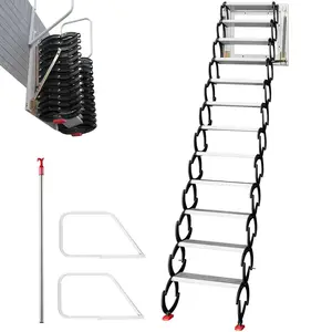VEVOR Attic Steps Pull Down 12 Steps Attic Stairs Alloy Attic Access Ladder, Black Pulldown Attic Stairs, Wall-mounted Folding Stairs for Attic, Retractable Attic Ladder with Armrests, 9.8 feet Height