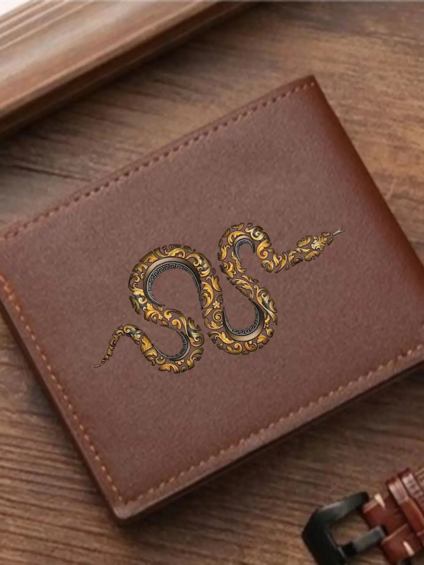 Men's Baroque Gold Snake Leather Wallet, Vintage Snakeskin Print, Luxury European Two-Fold Purse, PU Card Holder, Elegant Daily Use