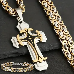 2pcs/set Stainless Steel Men's Retro Cross Pendant Necklace And Simple Bracelet Jewelry Set gift fall exquisite necklace mafia chain