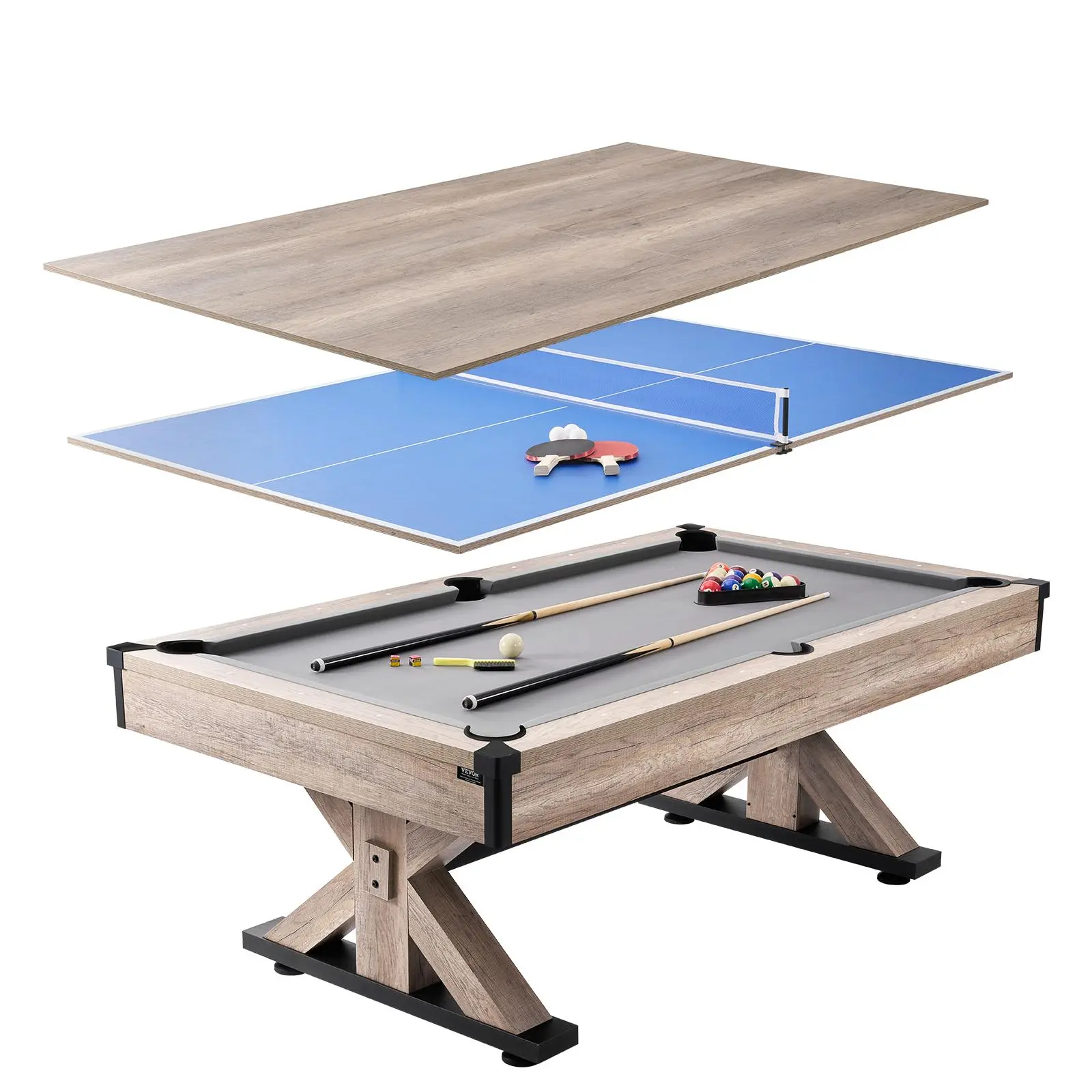 【SummerFinds】VEVOR Billiards Table Combo Set, 7ft 3-in-1 Multi Game Table with Dining, Pool, and Tennis Table, Includes Full Set of Accessories, Wood Color with Grey Cloth, Perfect for Family Game Room Kids Adults