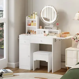 IRONCK Stylish Full-Size 360-Degree Illuminated Multi-Light Makeup Vanity Table Set, White, with Adjustable LED Mirror, Power Outlet and Storage Drawers, Stylish Makeup Vanities, 360-Degree Makeup Vanities