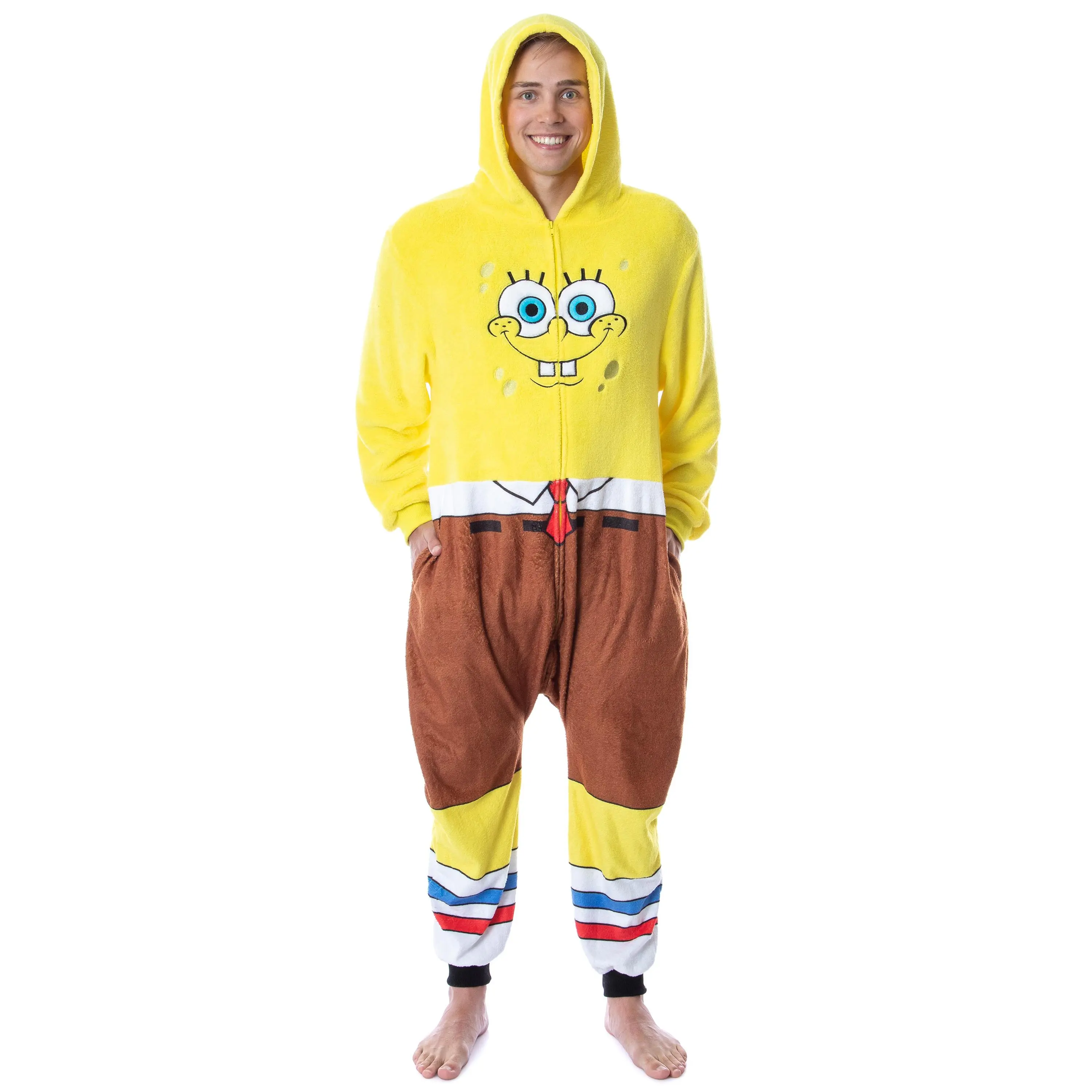 PJammy Men's Union Suit, SpongeBob SquarePants Character Costume, Plush Polyester Pajama Loungewear with Hood and Zipper, Long Sleeve, Nightwear, Socks, Pineapple