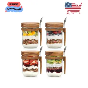 4 Pack Overnight Oats Containers with Wooden Lids and Spoons, 16oz