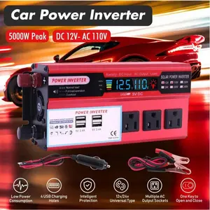 RV Power Backup 5000W Car Power Inverter DC 12V AC 110V 4 USB Ports LCD Display 3 AC Sockets 1 Key Operation for Solar Wind Energy Heavy Duty Off Grid Ready