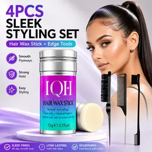 4PCS Hair Wax Stick Kit, Flyaway Control Styling Pomade with Edge Brush, Rat Tail Comb & Volumizing Comb, Slick Back Hair Tool Set for Smooth Edges, Frizz Control & Daily Styling