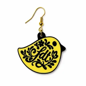 FDT Bird Statement Earrings - Yellow & Black Design with Floral Accents and Gold Hook for Stylish Accessory