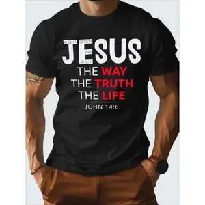 Men's 100% Pure Cotton Casual Graphic T-Shirt, Christian Design with "Jesus The Way The Truth The Life" Phrase, Ideal for Church & Daily Summer Wear