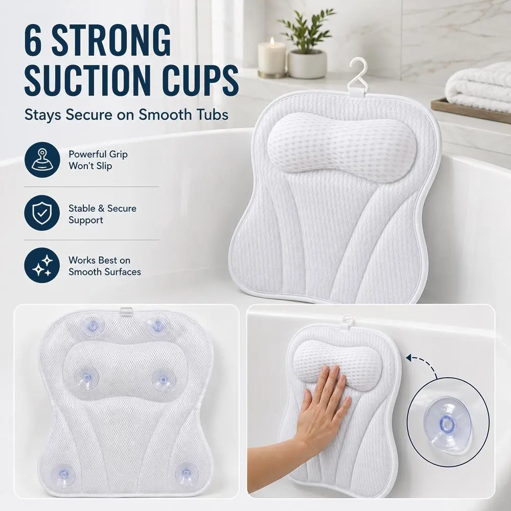 4D Curved Durable Bathtub Support Pillow - 4D Ergonomic Head, Neck & Shoulder Support, Lightweight Tear-Resistant Spa Cushion, 6 Non-Slip Suction Cups, Machine-Washable Quick-Drying Breathable Mesh PVC Bathroom Accessory, Bathtub Use Thoughtful Gift, Bath