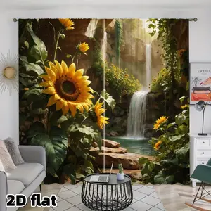 2Pcs, Window Curtain, Room Decor Curtain, 2D flat, sunflower waterfall curtains, natural printed sunshade curtains, landscape garden patterns, bright yellow flower pole type curtains, seasonal universal fresh style home decoration