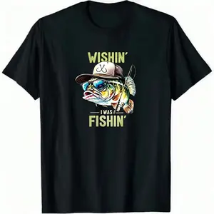 Wishin' I Was Fishin' Bass Tee  100% Pure Cotton Funny Fishing Shirt | Swagged Out Fish in Hat & Shades Graphic Tee