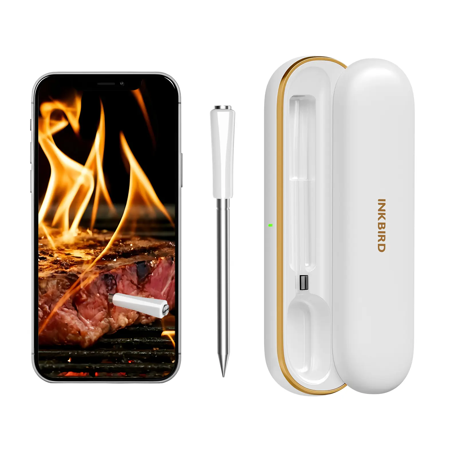 INKBIRD Ceramic Bluetooth Kitchen Thermometer with 5 High-Precision Sensors, Stainless Steel Meat Probe, Waterproof, iOS & Android Compatible, 91m Range, 5 Sensors + Oven Temp, 28 USDA Meat Menus, Ideal for Outdoor Grilling & Rotisserie Ovens