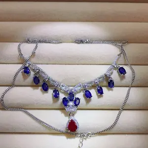 <PingEast jewelry > Blue sapphire and Ruby necklace ——925 Sterling Silver Pendant Necklace featuring eleven 0.75-carat high-clarity natural Sri Lankan Royal Blue Sapphires and a 1.5-carat pear-shaped natural Burmese Pigeon Blood Ruby from the Mogok mining