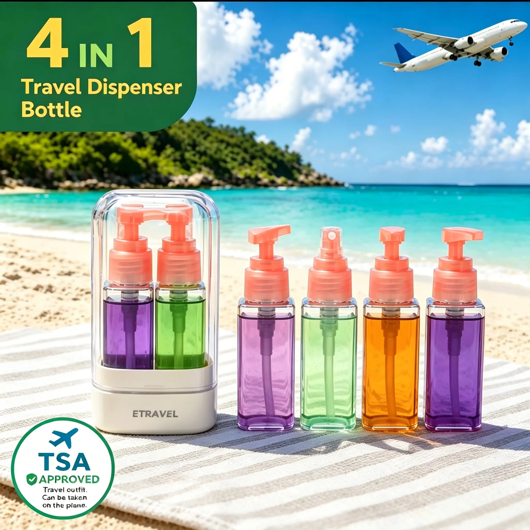 4-in-1 Modern Rectangle Travel Toiletry Dispenser Bottle Organiser, Portable Plastic Storage Bottles & Jars for Shampoo & Lotion, Easy-Press Smooth Flow, Airline Approved Travel Stuff