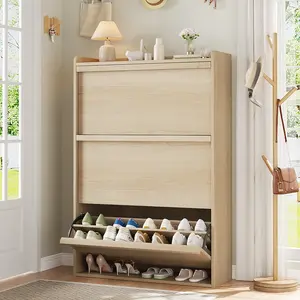 Shoe Cabinet with 3 Flip Drawers, Modern Shoe Storage for Entryway, Wooden Shoe Organizer Cabinet with Adjustable Shelf, Hidden Shoe Rack for Hallway, Living Room, Natural Decor Installation Water Proof