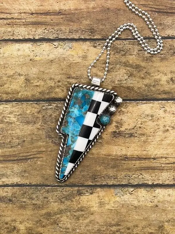 Bea-Checkered and Turquoise Mixed Gemstone Lightning Bolt Pendant/Necklace