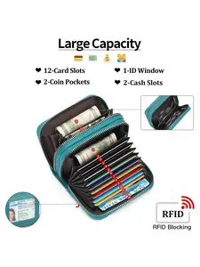 RFID Blocking Card Holder Wallet - 12 Card Slots Accordion Style Zipper Wallet with Coin Pockets & ID Window, Large Capacity Card Case, Credit Card Organizer
